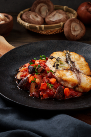 Grilled Barramundi with Wild Mushroom & Bean Ragout