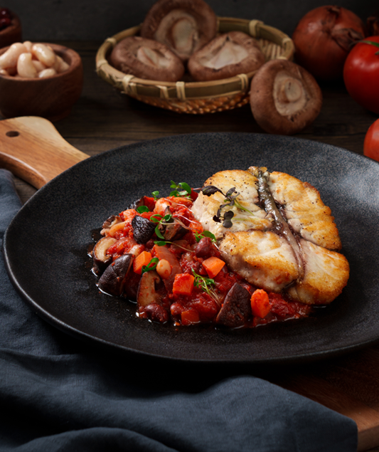 Grilled Barramundi with Wild Mushroom & Bean Ragout