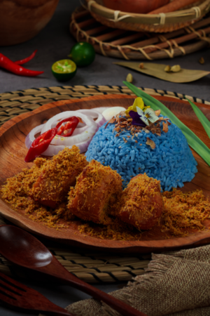 Indonesian Galangal-Roasted Chicken with Blue Pea Infused Jasmine Rice