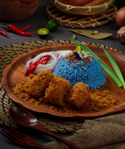 Indonesian Galangal-Roasted Chicken with Blue Pea Infused Jasmine Rice