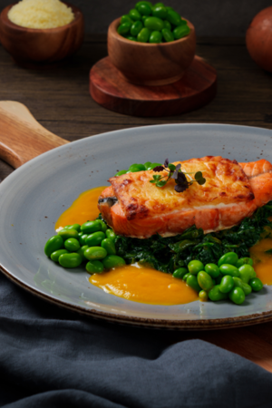 Almond Crusted Salmon with Garlic Spinach