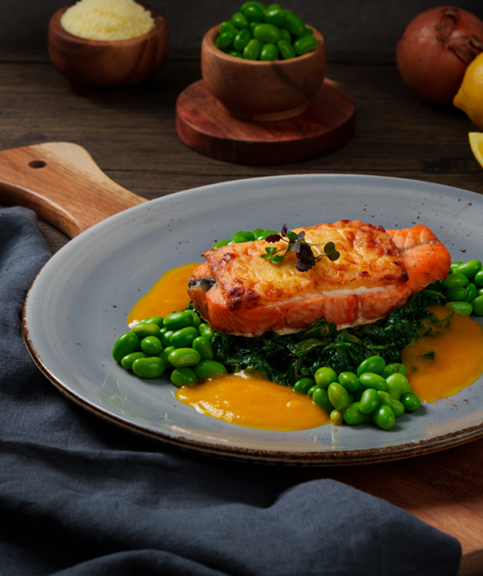 Almond Crusted Salmon with Garlic Spinach